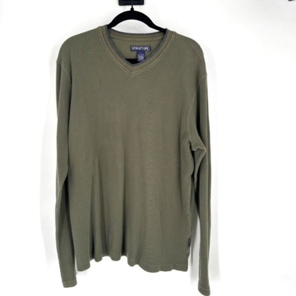 Vintage Y2K Mens Structure Waffle Henley Long Sleeve‎ Popover Olive Green Large